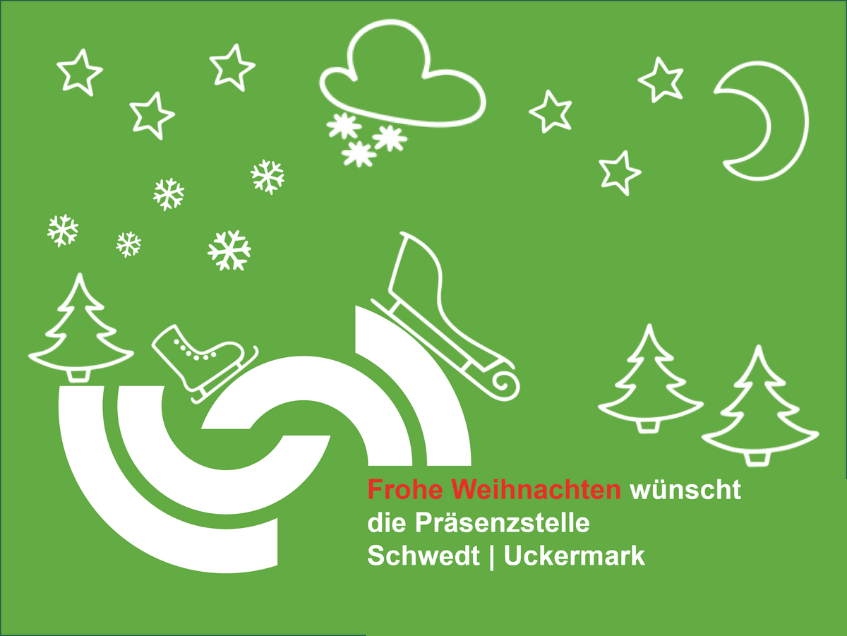 Die Weihnachtskarte hat einen grünen Hintergrund. Das Logo der Präsenzstelle Schwedt l Uckermark ist zu erkennen. Rundherum befinden sich winterliche und weihnachtliche Motive.