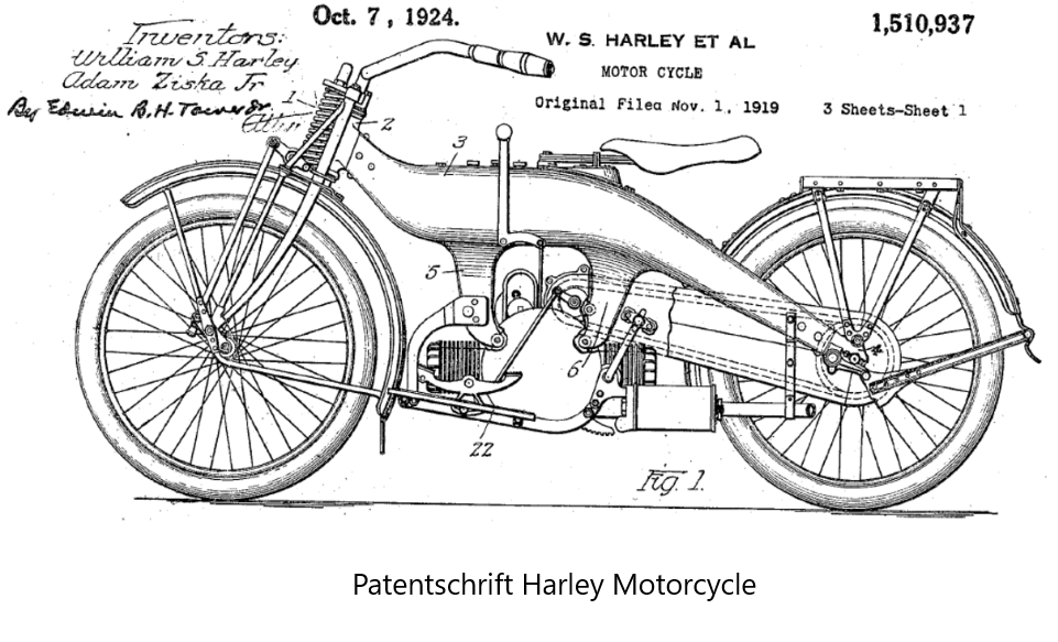 Skizze eines Motorades aus der Patentschrift von Harley Motorcycle