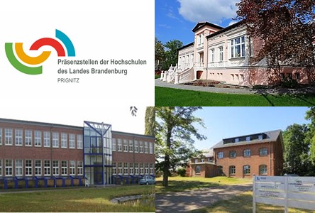 Collage der drei Standorte der Präsenzstelle Prignitz, mit Außenansichten der Gebäude